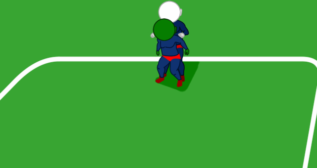 ディフェンダーがアタッカーを背負うパターン。